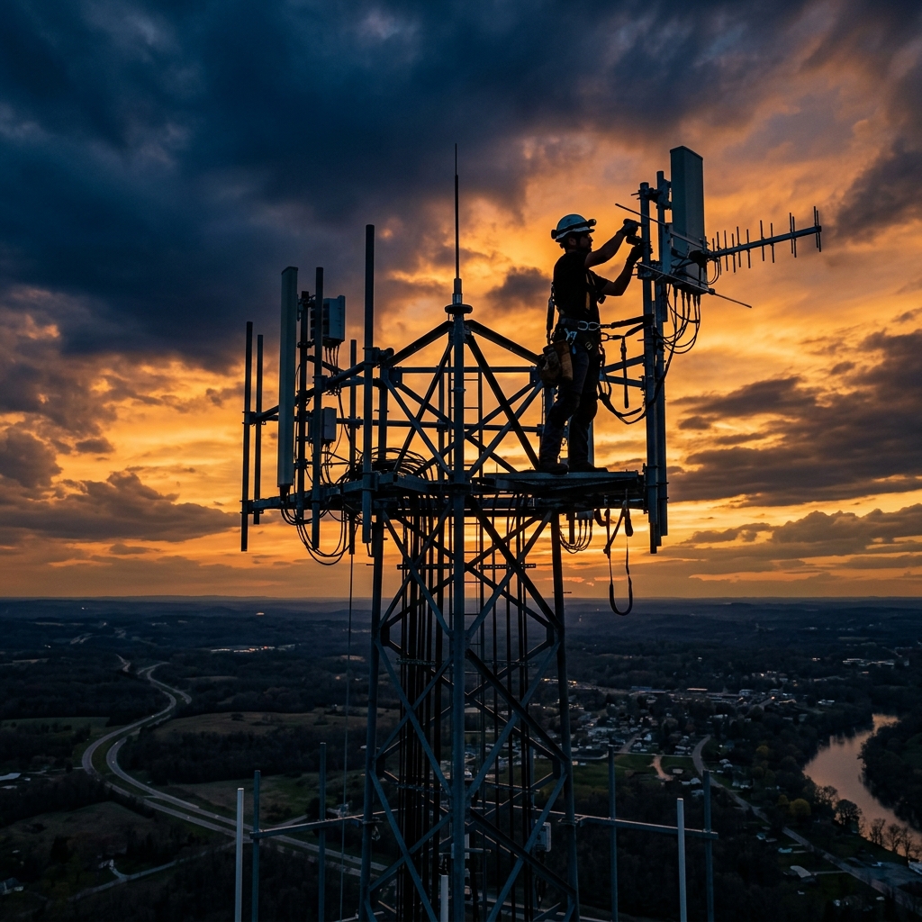 Apex Tower Climber Working on Sunset